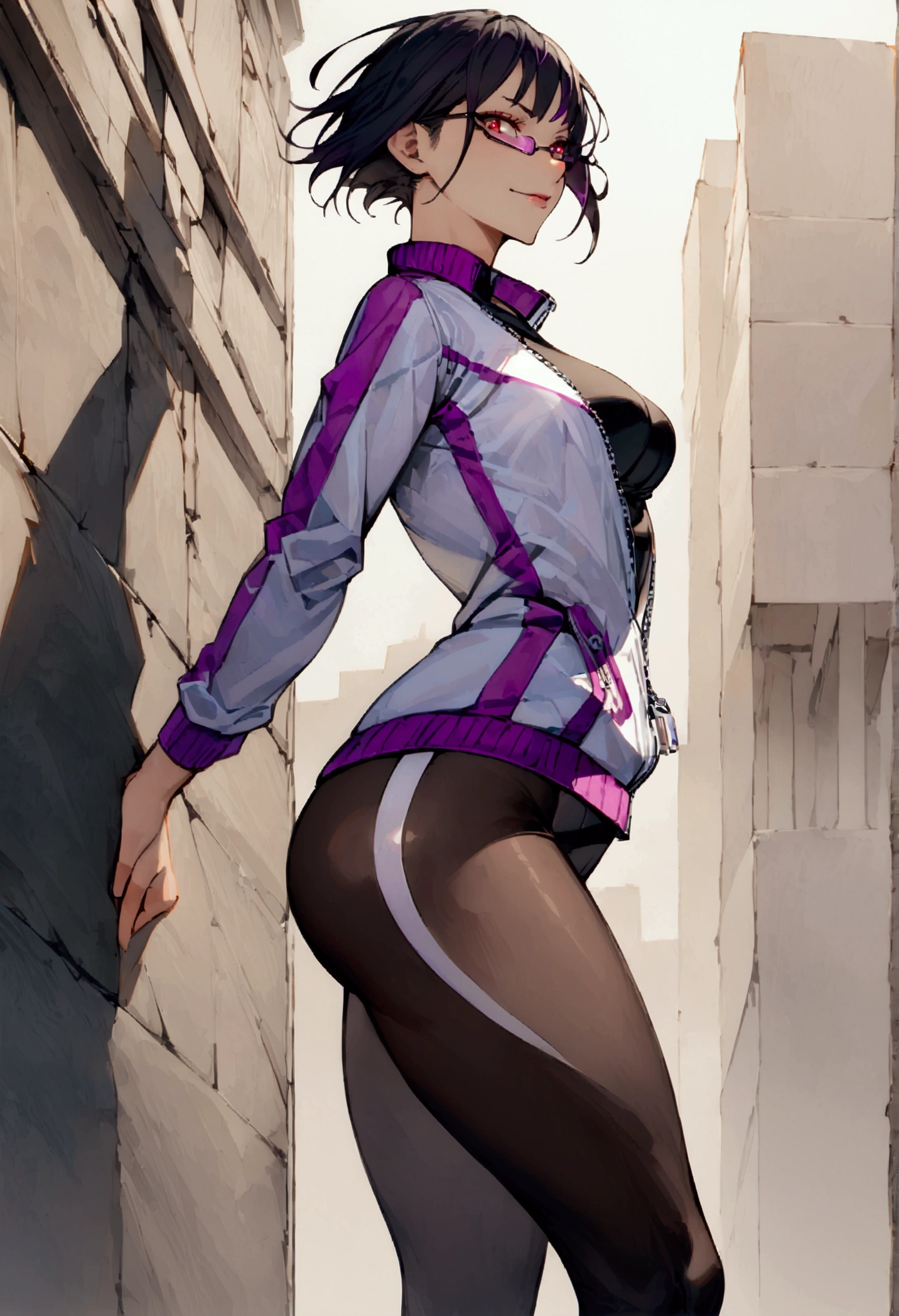 standing,alone,leaning against a broken wall,short hair,work of art,face detailed,beautiful young fitness woman with , in a gym wearing May with black pantyhose, white and purple tight short gym jacket. standing alone,red eyes glowing,Evil smile,legging preto ,labiaa,dark eye shadow,shining eyes,a hand leaning against the wall,neckleace,jacket zipper half open,Tight black shirt,white sports tennis shoes,short hair with purple details,beautiful curves,whole body,hair with purple details,labiaa,detailed face and eyes,work of art,sexy look,pefil from sideways,from sideways,wind in your hair,fully body,glasses on eyes,ancient city
