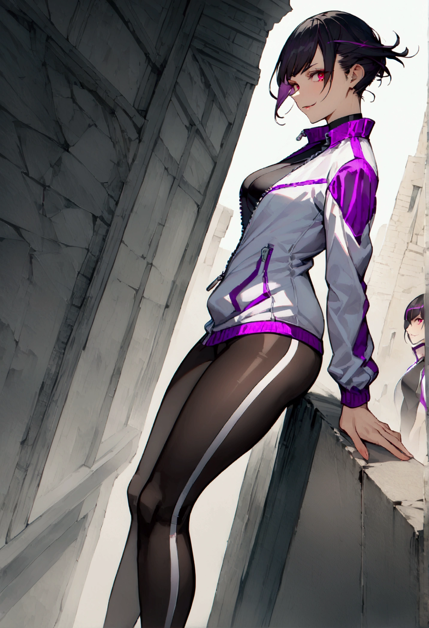 standing,alone,leaning against a broken wall,short hair,work of art,face detailed,beautiful young fitness woman with , in a gym wearing May with black pantyhose, white and purple tight short gym jacket. standing alone,red eyes glowing,Evil smile,legging preto ,labiaa,dark eye shadow,shining eyes,a hand leaning against the wall,neckleace,jacket zipper half open,Tight black shirt,white sports tennis shoes,short hair with purple details,beautiful curves,whole body,hair with purple details,labiaa,detailed face and eyes,work of art,sexy look,pefil from sideways,from sideways,wind in your hair,fully body,glasses on eyes,ancient city