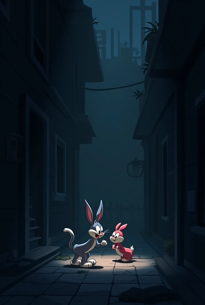 Create Bugs Bunny with Lola, in a blackout, There's no light, 2D anime style