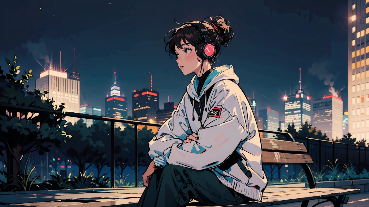 Highest quality, 8k, 1990s style, A 21-year-old girl, Black Hair, Medium Hair, Light brown eyes, City Pop, pants ,Relaxing on a park bench at night, whole body, The background is a park at night,Headphones、A cute profile