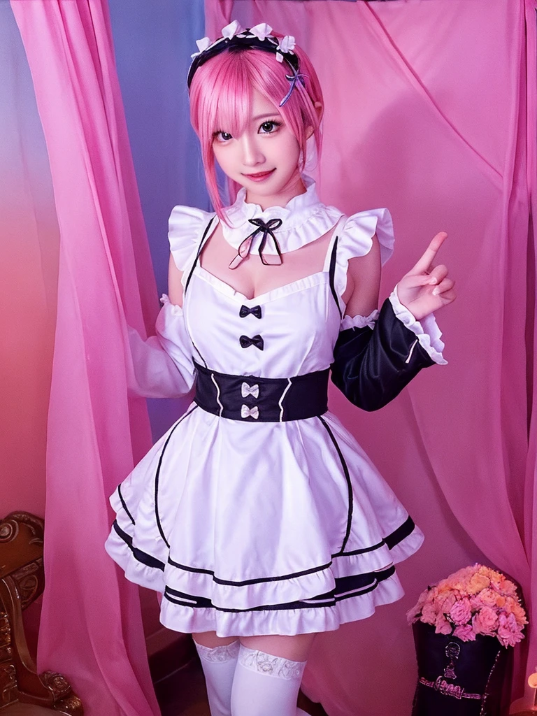Accurate depiction with high resolution,(8K, Photorealistic, Raw photo, of the highest quality: 1.3), (1girl in), Super beautiful, (Realistic face), (boyish, pink Color Berry Shorthair), Beautiful , Glare that captivates the viewer, Beautiful expression, Beautiful breasts, (Realistic skin), Be...Create a detailed and colorful image of Ram and Rem from Re:Zero, standing back-to-back in their maid outfits, with a magical fantasy background、14years old, two girls,cute, perfect face, beautiful, nice body, gothic lolita clothes, gothic lolita fashion, frilly skirt, headdress, necklace, bracelet, knee-high socks, boots, double eyelids, tear bags, Detailed down to the fingers, photo-like description, indoors, dim indoor lighting, one girl is pink hair and short bob, another girl is light blue hair and short bob,standing,whole body, composition that shows the whole body, smiling,The Both of them are wearing the same type of maid outfit,Optimal ratio of 4 fingers and 1 thumb,walking