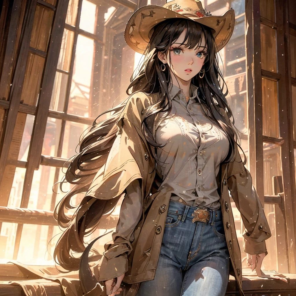 a photorealistic, highly detailed shot of a beautiful young woman in a cowboy outfit, solo, against a transparent background, (best quality,4k,8k,highres,masterpiece:1.2),ultra-detailed,(realistic,photorealistic,photo-realistic:1.37),beautiful detailed eyes,beautiful detailed lips,extremely detailed eyes and face,long eyelashes,cowgirl,cowboy hat,leather jacket,tight jeans,cowboy boots,mid shot,dramatic lighting,moody lighting,warm color tones,vibrant colors,cinematic composition