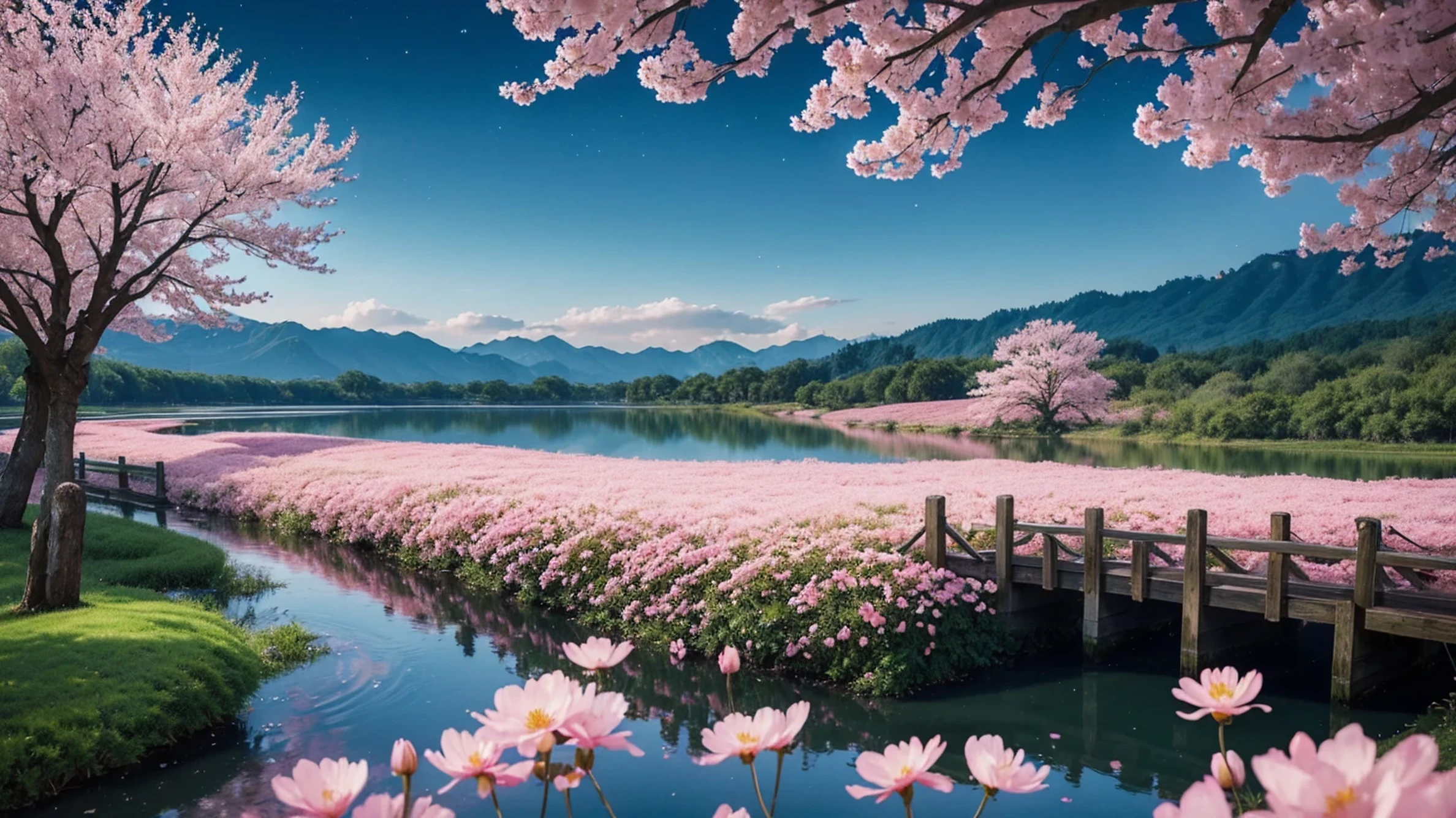 (magical pretty night zero green Stream overlay Scene), (zero), (cloud), Soft Light, Clean background, Beautiful scenery, maSterpiece, high quality, Great graphicS, Attention to detail, Nice viewS, garden, FlowerS, cloud, (night Starry zero, CroSSing the river, a giant old tree behind you, glowing pink petalS falling behind you) (maSterpiece, 最high quality, 最high quality,watercolor (Moderate),Official Art, beautifully、beautiful:1.2),(one perSon'S:1.3), (fractal art:1.3),Upper Body, look up,pattern,(Rainbow Hair,colorful hair,Half blue、Half pink hair:1.2),water,liquid, cloud,colorful, Starry Sky,performer,Large BreaStS、tearS