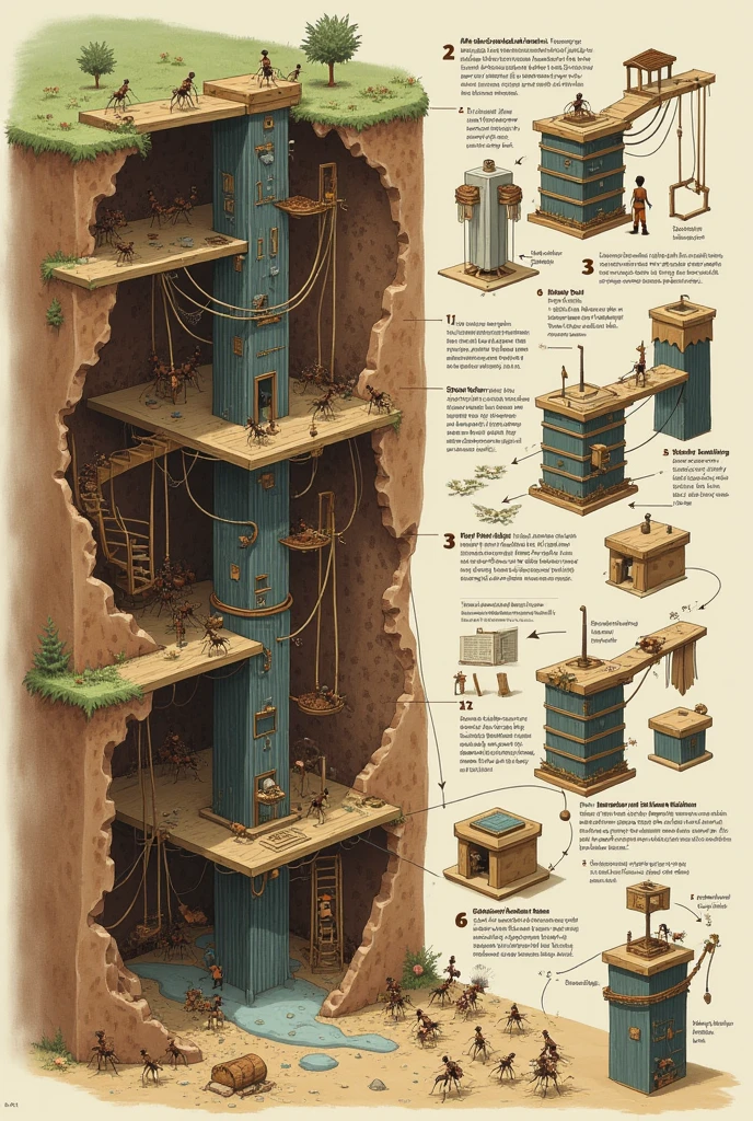 Illustrate step-by-step the construction of an ant elevator using sustainable materials