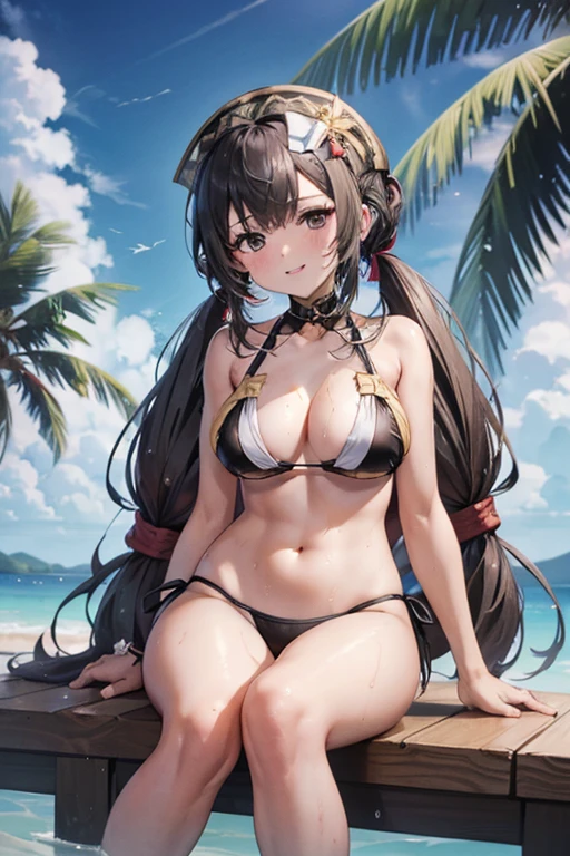 best quality, 1girl, solo, (suou yuki:1.2), __posture__, long hair, black hair, half updo, bangs, hair between eyes, brown eyes, middle breasts, breasts, (swimsuit:1.2), bikini, looking at viewer, smile, outdoors, sitting, wet, parted lips, blush, thighs, tree, palm tree, bare shoulders, day, collarbone, sleeveless, bare arms, sky __posture__:standing\nstanding\n(contrapposto:1.1)\n(contrapposto:1.2)\n(sitting:1.1)\n(sitting:1.2)