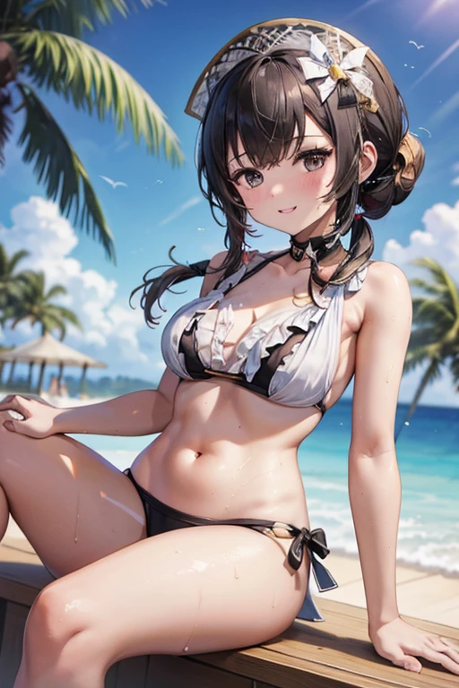 best quality, 1girl, solo, (suou yuki:1.2), __posture__, long hair, black hair, half updo, bangs, hair between eyes, brown eyes, middle breasts, breasts, (swimsuit:1.2), bikini, looking at viewer, smile, outdoors, sitting, wet, parted lips, blush, thighs, tree, palm tree, bare shoulders, day, collarbone, sleeveless, bare arms, sky __posture__:standing\nstanding\n(contrapposto:1.1)\n(contrapposto:1.2)\n(sitting:1.1)\n(sitting:1.2)