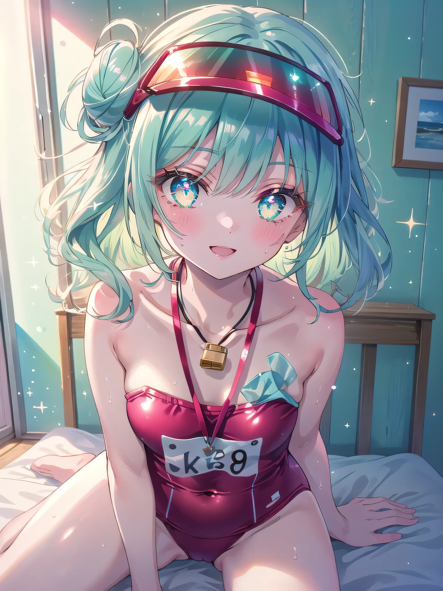 ((8k, Highest quality, masterpiece: 1.3)),Ultra-high resolution,(1 girl, alone), (Color changing eyes, Ultra-detailed, Expressive brilliance, Glitter, Glowing Eyes), Highly detailed eyes, Highly detailed face, Random Hair, ((pastel colour)),A cheerful young woman with pastel mint-green hair styled into a messy bun, sitting on her bed in her brightly lit bedroom during a sunny morning. She is dressed in a cute yet subtly sexy lifeguard cosplay, wearing a red one-piece swimsuit with a small whistle around her neck and a visor on her head. The camera captures her from a slightly elevated angle as she smiles brightly, pretending to blow the whistle, her expression full of playful energy. The room is bathed in warm sunlight, with beach-themed decorations like a surfboard against the wall, a beach towel draped over the bed, and a vibrant, summery atmosphere.