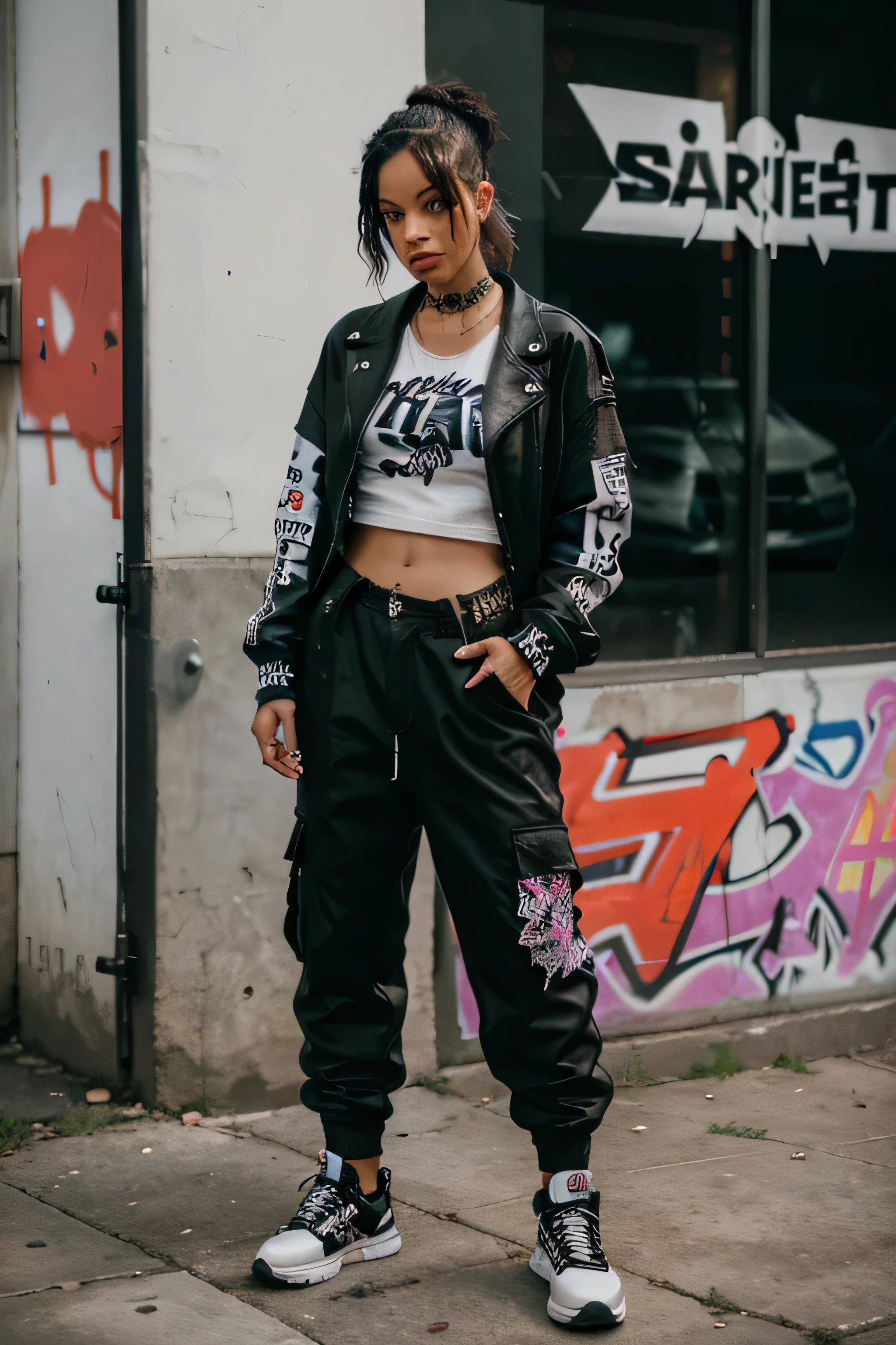 biracial woman, graffiti, she is wearing streetwear, rocker clothing, punk clothing, woman in streetwear, black jackey, with ripped white crop t - shirt, streetwear, cargo pants