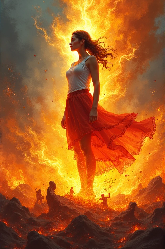 Illustrate a woman standing tall, like overcoming an obstacle and the background is a fire with flames representing her passions. Add symbols related to your hobbies or interests within the flames (listening to music, reading books, sleeping, and eating)