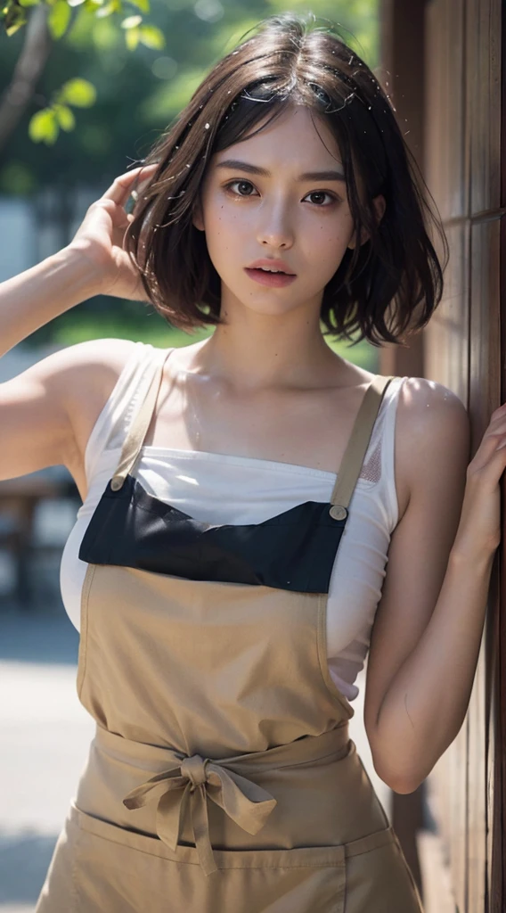 (超Realistic、Raise your arms,Showing Underarm、Ultra-Realistic Underarm skin、fine armpit wrinkles), ((Underarm Pose、Underarm、Realistic Underarm、Sweaty、Glowing Skin、Shiny Underarm)),(Illustration of a person wearing an apron at a cafe), (High resolution), (8k), (Very detailed), (The best Awareness-raisingns), (Beautiful and fine details), (Highest quality), (Ultra-detailed), (masterpiece), (wallpaper), (Detailed face), drooping eyes,Sweaty,Underarm,short hair、Colored inside,solo,Girl in Apron, Japanese, huge tits, (Camel Toe)、(超Realistic), (Awareness-raising), (High resolution), (8k), (Very detailed), (The best Awareness-raisingns), (Beautiful and fine details), (Highest quality), (Ultra-detailed), (masterpiece),(now、Take-out)(Realistic、High resolution:1.3)、One girl with a perfect figure、Very narrow face and eyes、short hairのヘアスタイル、huge 、Exposed breasts(超Realistic), (Awareness-raising), (there is nothing), (8k), (Very detailed), (The best Awareness-raisingns), (Beautiful and fine details), (Highest quality), (Ultra-detailed), (Masterpiece), (wallpaper), (Detailed face), drooping eyes,Sweaty,Upper body close-up,Hair Underarm,Short-haired,Colored inside,solo、Japanese, huge , (Camel Toe)、unbearable lust,Strong sexual desire,intense estrus,Touching the crotch with hands,Hands touching the crotch,Frustrated face,Sweat stains on the crotch,My crotch is soaked with sweat,Nipples get wet with sweat,The outline of the nipple is clearly visible,The apron is only open to the upper body,Remove the apron from the top half,intense urge, natural lips, close up, face focus
