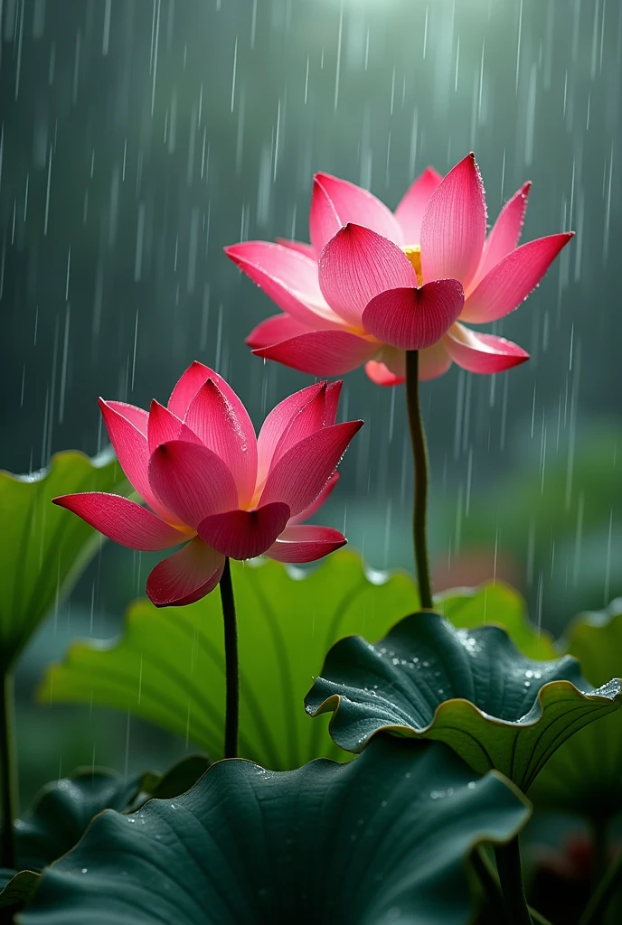 The fiery red lotus blooms are surrounded by rain.