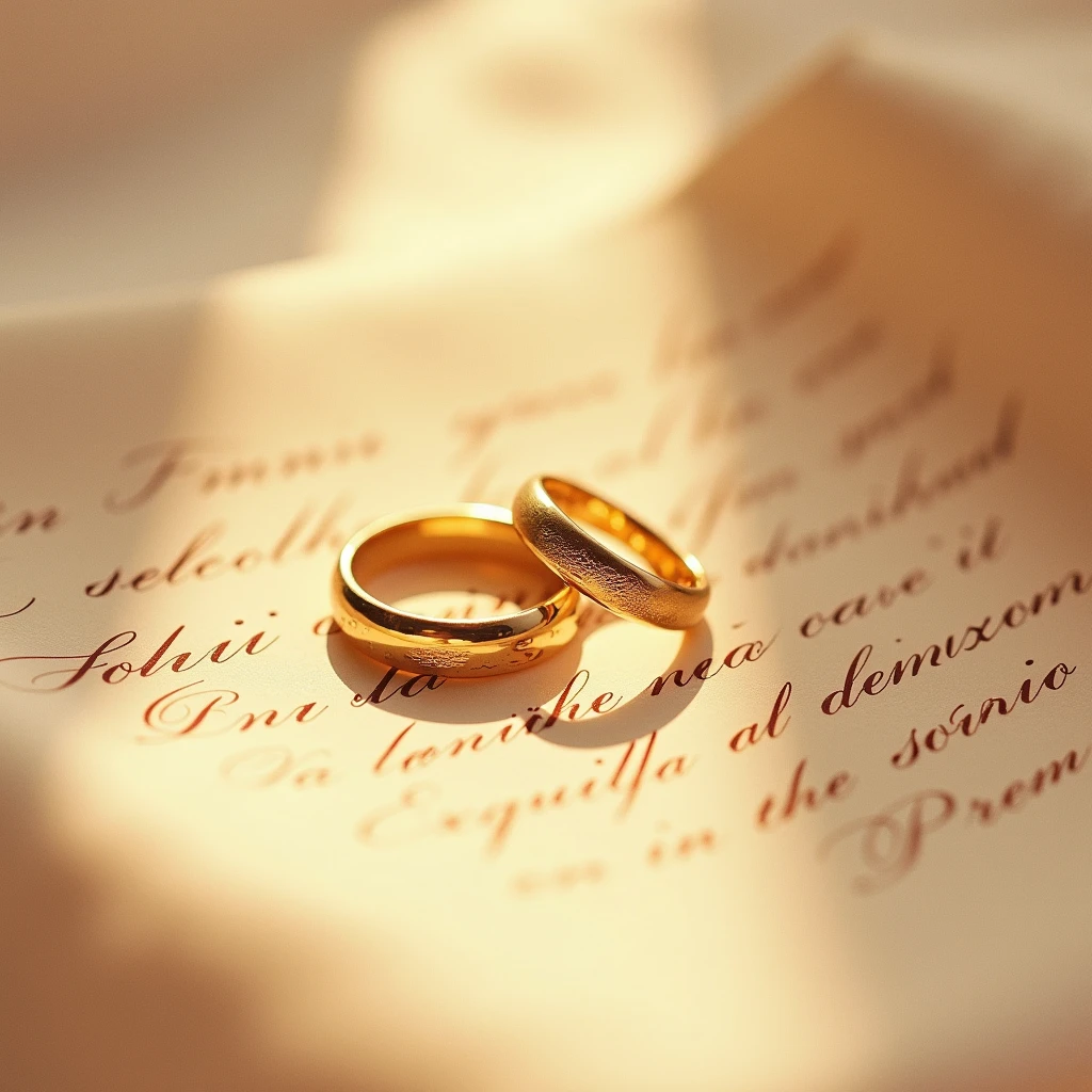 35mm film photography, two gold rings on top, calligraphy in beautifully written letter saying: 'Ezequiel & Lucinaria', bright ambient light, creating a romantic atmosphere., high detail, monochromatic hue, duotone minimalist risograph design effect, palette of two colors, veiled contrast, studio lighting, copy background, professional grading.
