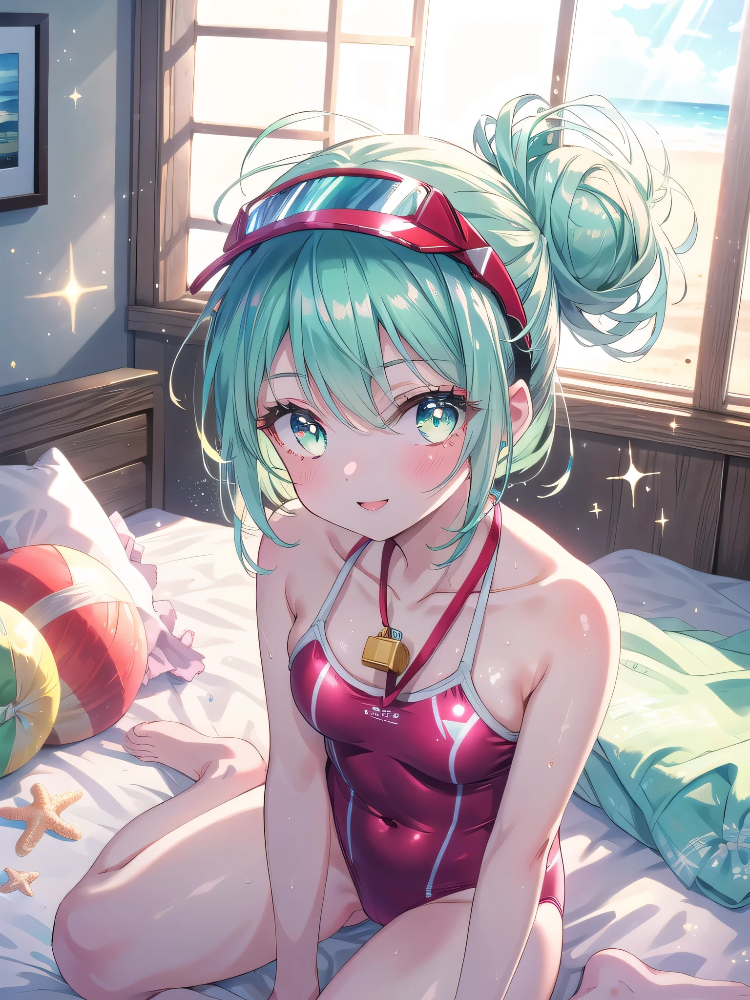 ((8k, Highest quality, masterpiece: 1.3)),Ultra-high resolution,(1 girl, alone), (Color changing eyes, Ultra-detailed, Expressive brilliance, Glitter, Glowing Eyes), Highly detailed eyes, Highly detailed face, Random Hair, ((pastel colour)),A cheerful young woman with pastel mint-green hair styled into a messy bun, sitting on her bed in her brightly lit bedroom during a sunny morning. She is dressed in a cute yet subtly sexy lifeguard cosplay, wearing a red one-piece swimsuit with a small whistle around her neck and a visor on her head. The camera captures her from a slightly elevated angle as she smiles brightly, pretending to blow the whistle, her expression full of playful energy. The room is bathed in warm sunlight, with beach-themed decorations like a surfboard against the wall, a beach towel draped over the bed, and a vibrant, summery atmosphere.