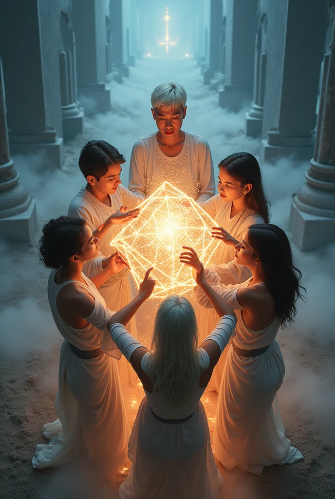 7 people gathered together to form a prisma.