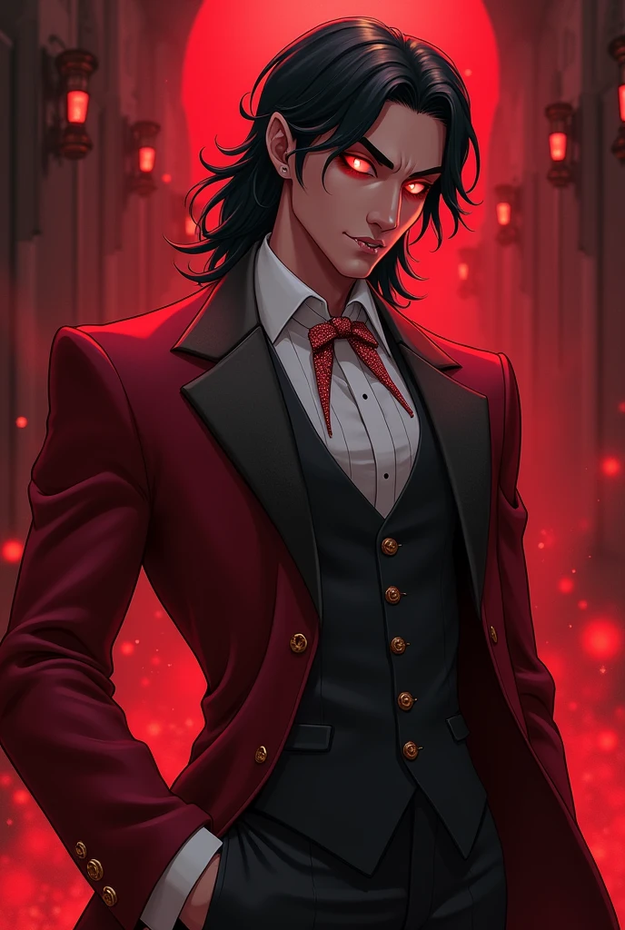 In Hell, Leonardo sport a sleek crimson and grey outfit that highlights your sophisticated French flair, complete with an elegant tailcoat and a shimmering cravat. He has shoulder lenght dark hair, Leo's eyes gleam with mischief, and he have sharp fangs that peek out as he smile, in Hazbin Hotel drawing style.