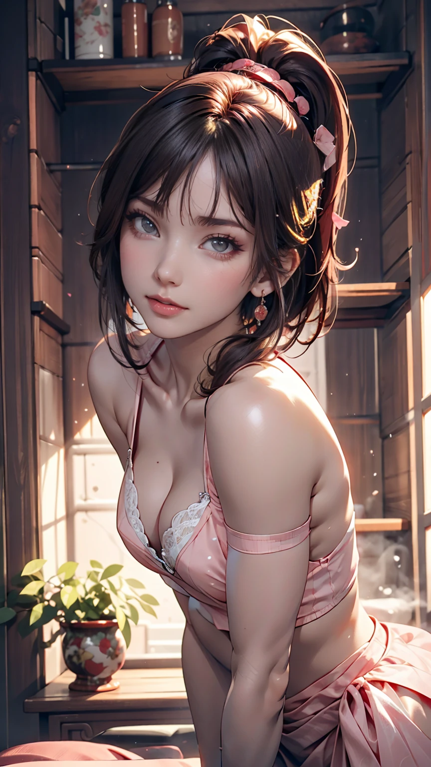 A lovely and sweet Chinese woman, Delicate and sexy collarbone, Attractive goose face, double eyelid, Clever pink eyes, Pink Lips, small, upturned nose, Exposing shoulders, Plump butt, Beautiful long legs, Concentrated face, Face close-up, Ultra HD, Super Detail, Full body photo, Ultra-thin, optimal light transmission ratio, 4 fingers and 1 thumb