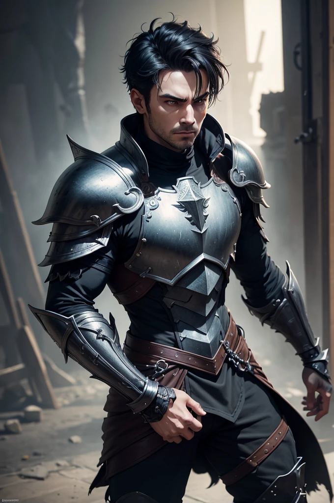 A dark fantasy styled man in dynamic pose, wearing black short hair armor, rpg character portrait, best quality, 4k, 8k, highres, masterpiece:1.2, ultra-detailed, realistic, photorealistic, photo-realistic:1.37, HDR, UHD, studio lighting, ultra-fine painting, sharp focus, physically-based rendering, extreme detail description, professional, vivid colors, bokeh, concept art