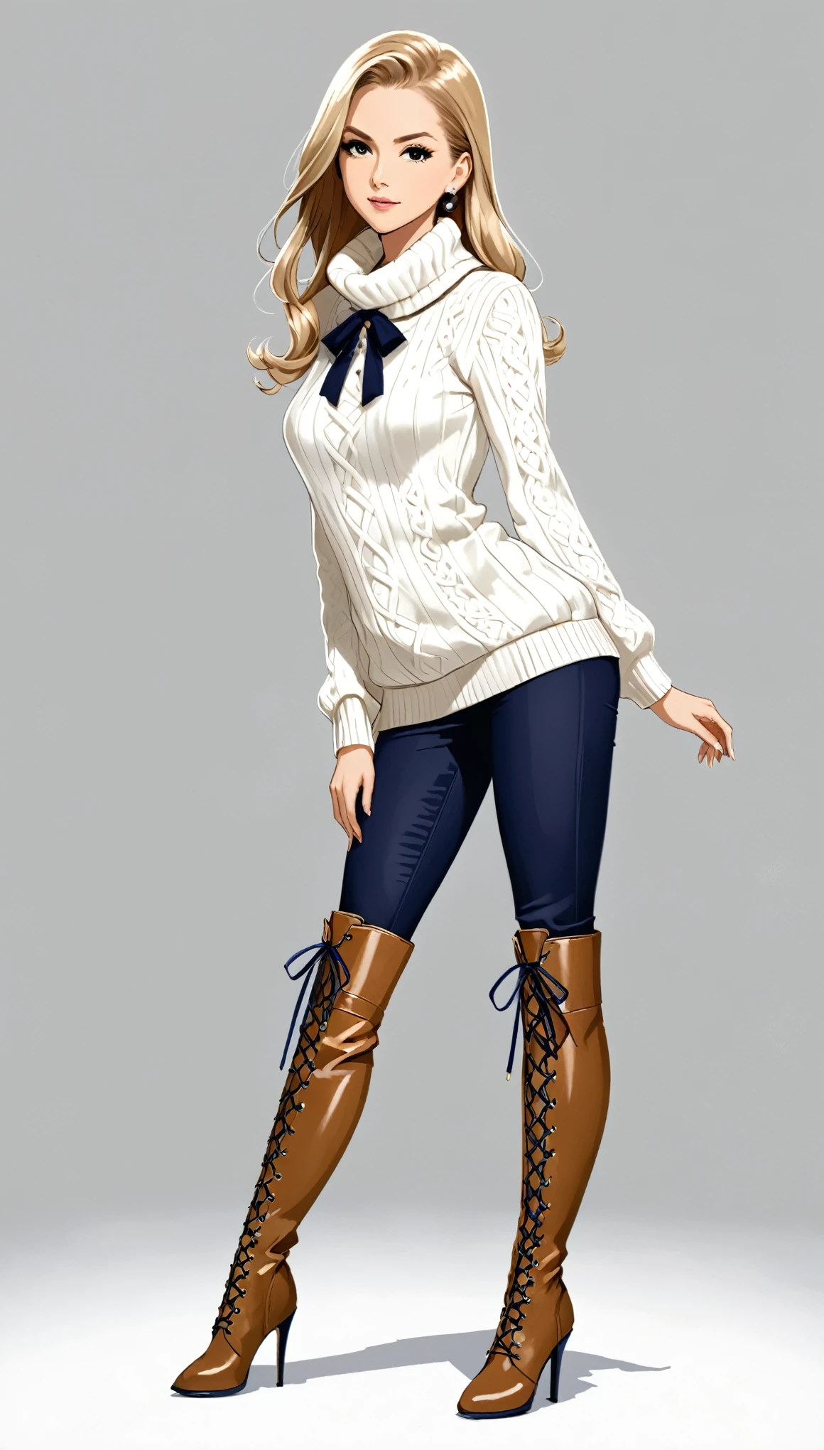 in style of Carolina Herrera,in style of Chris Falkenberg
 (1girl,character conceptual design),/lace-up over knee boots/ 
BREAK
background,white virgin killer sweater only,{gravure_pose:1.8},standing,bent_over,leaning_forward