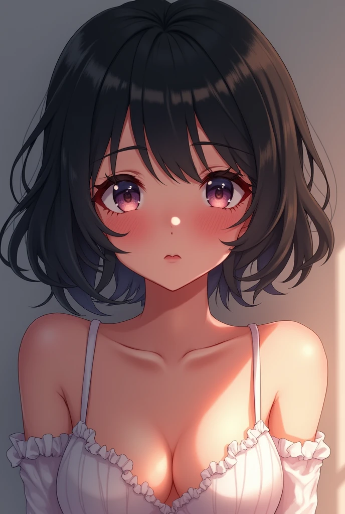 Anime girl with black curly short hair blushingcwhile she is not wearing any clothes