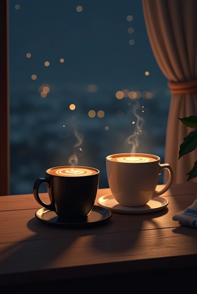 Two Cup of coffee in table . Night view 