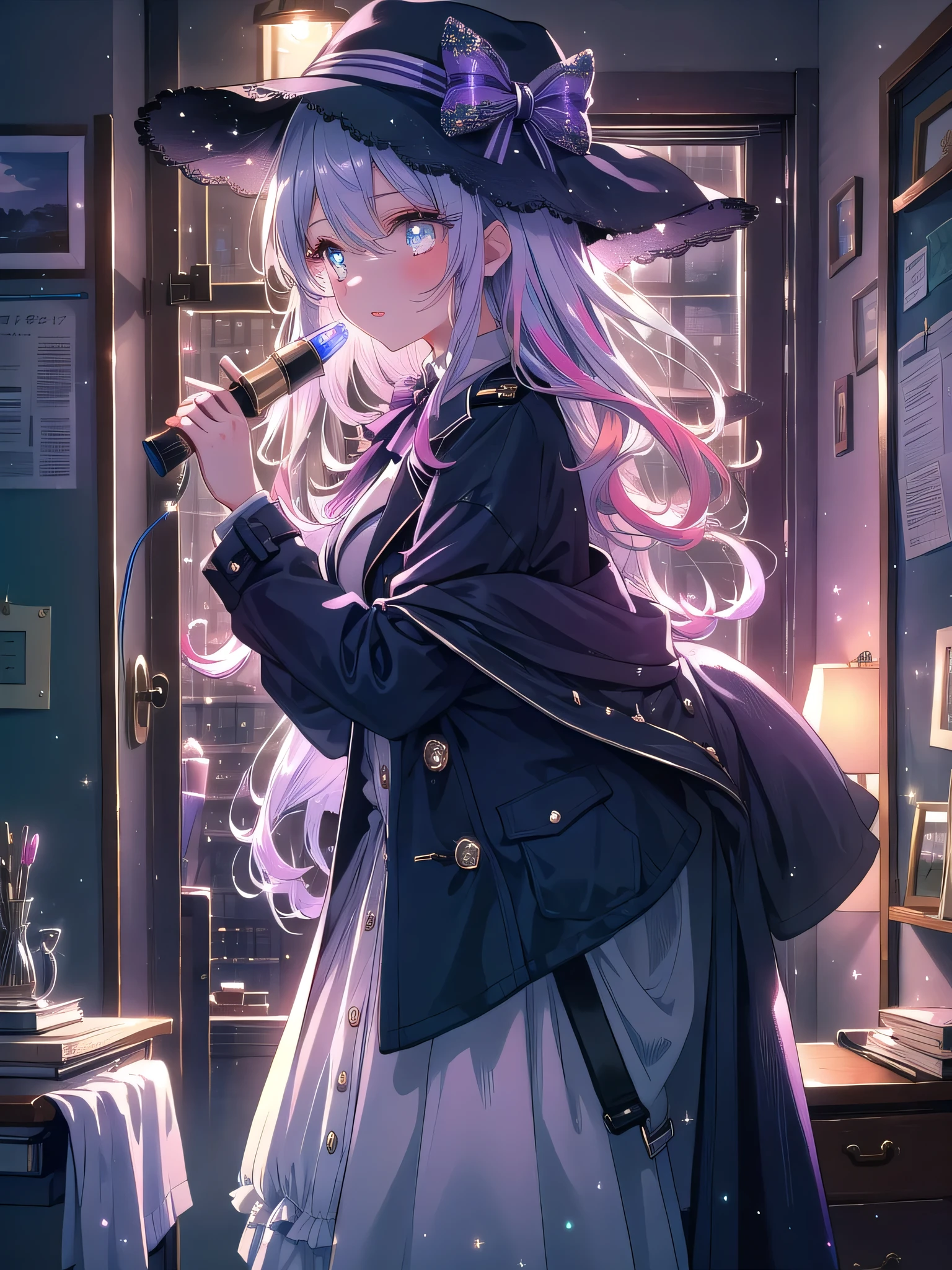 ((8k, Highest quality, masterpiece: 1.3)),Ultra-high resolution,(1 girl, alone), (Color changing eyes, Ultra-detailed, Expressive brilliance, Glitter, Glowing Eyes), Highly detailed eyes, Highly detailed face, Random Hair, ((pastel colour)),A lively young woman with pastel lavender hair styled into loose curls, standing near her desk in her softly lit bedroom during a quiet afternoon. She is dressed in a modest yet subtly sexy detective cosplay, wearing a tailored trench coat, a wide-brimmed hat, and a magnifying glass in hand. The camera captures her from a side angle as she strikes a playful pose with the magnifying glass held up to her eye, her expression full of curiosity and fun. The room is warmly lit by a desk lamp, with a few detective novels on the desk, a small bulletin board with pinned clues, and a mysterious, investigative atmosphere.
