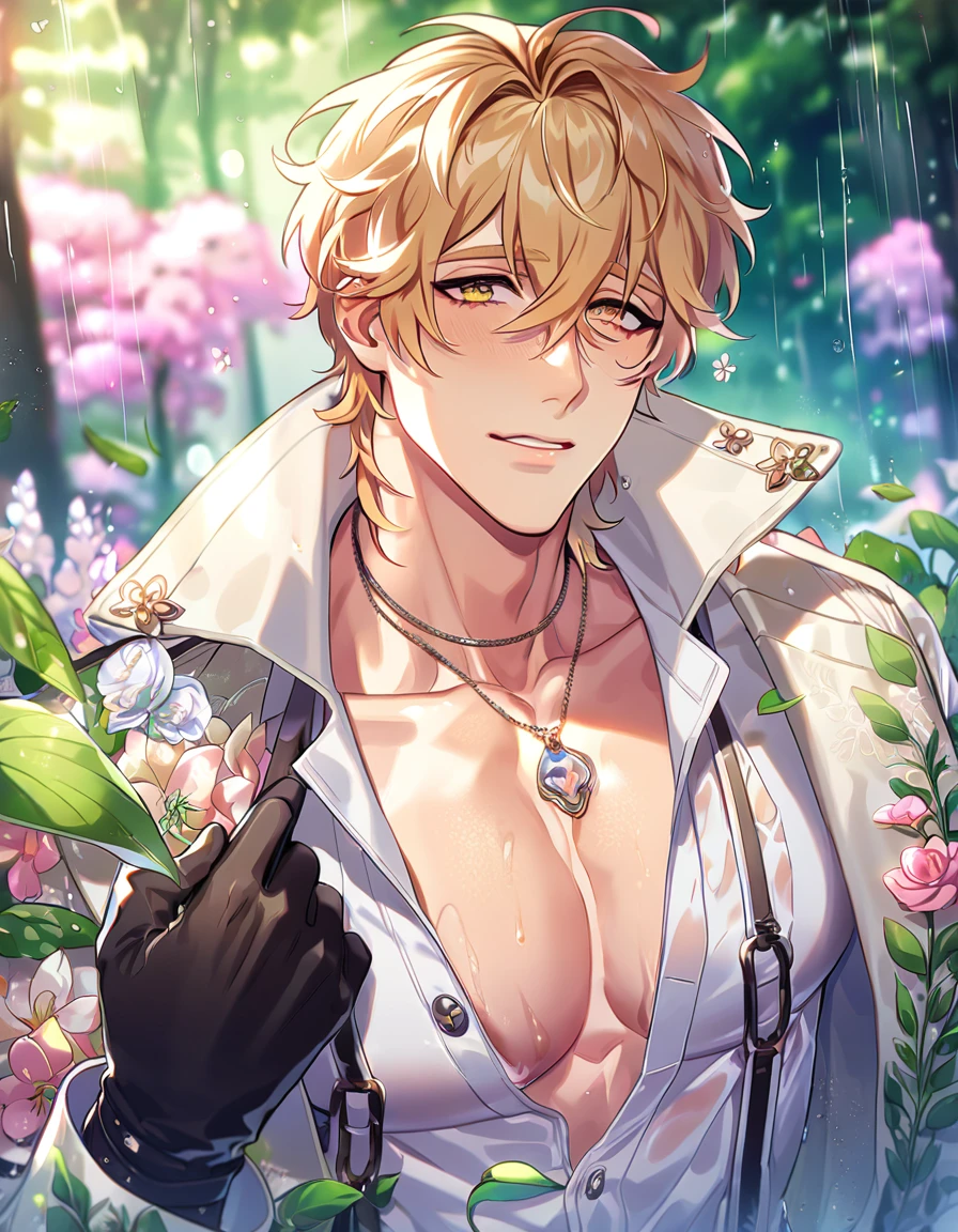absurdres, highres, ultra detailed, HDR, master piece, best quality, extremely detailed, detailed eyes, Quincy, blonde hair, messy hair, hair between the eyes, expressive amber eyes, Nu Carnival, solo, sexy man, handsome, horny, lewd, transparent white trench coat with accessories, white shirt, showing the chest, necklace, black gloves, spring, flowers, green leaves, magical forest, fantasy, rain