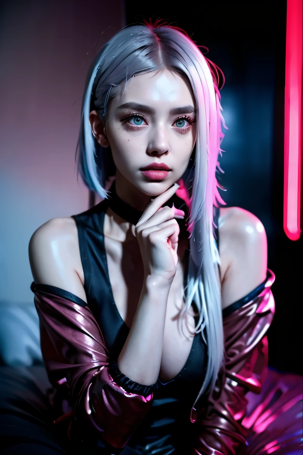 Lucy \(cyberpunk\), 1 woman, hair tie, hime cut, silver hair, colored tips, full moon, gray eyes, jacket, long sleeves, looking at viewer, medium hair, multicolored hair, split bangs, chapped lips, pink hair, portrait, Red eyeliner, red lips, alone, white jacket, cyberpunk \(series\), rainy night in a cyberpunk city with glowing neon lights