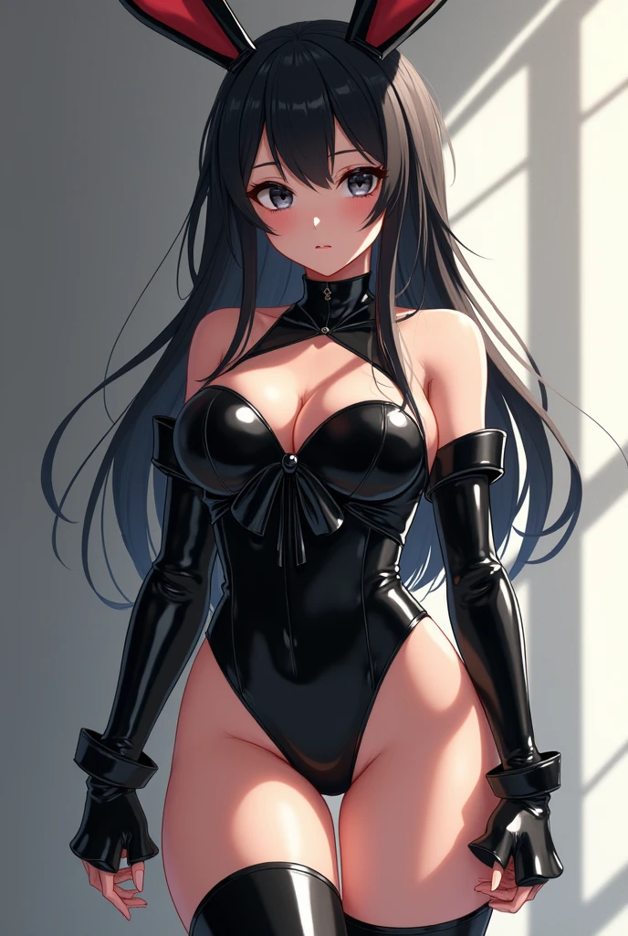 （masterpiece、high quality、anime）、（beautiful girl、black eye、Black Hair、Young face、Big Breasts）、（Bunny girl、黒い光沢のあるBunny girl衣装、barefoot、Belt on thigh、Exposed armpits、Exposed arms、cuffs on the arm、Collar at the neckline）、（Are standing、Bow-legged、）