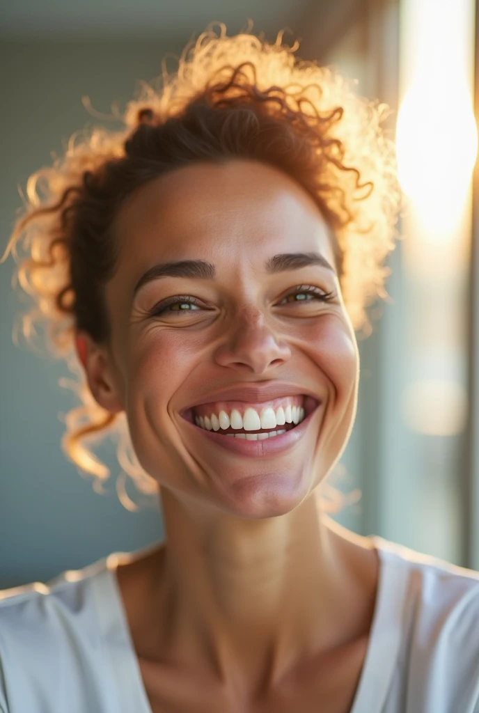 Create a impactful image of a happy person with the title Implant Day and a call to action "Want to smile again?