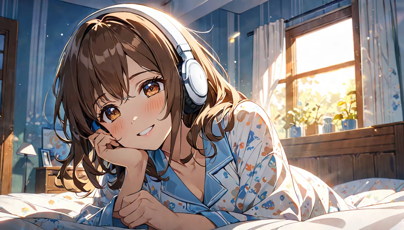 (Brown haired woman wearing headphones), (Waking up in bed with the morning sun shining through), (Very detailed, masterpiece, Highest quality, bright), (Anime Style)
background: A bedroom with soft light shining through
Expression: Opening her eyes with a gentle smile
Outfit: Pajama Pose: Lying in bed、Opening her eyes
Scene: On a quiet morning、Starting the day with a pleasant BGM
