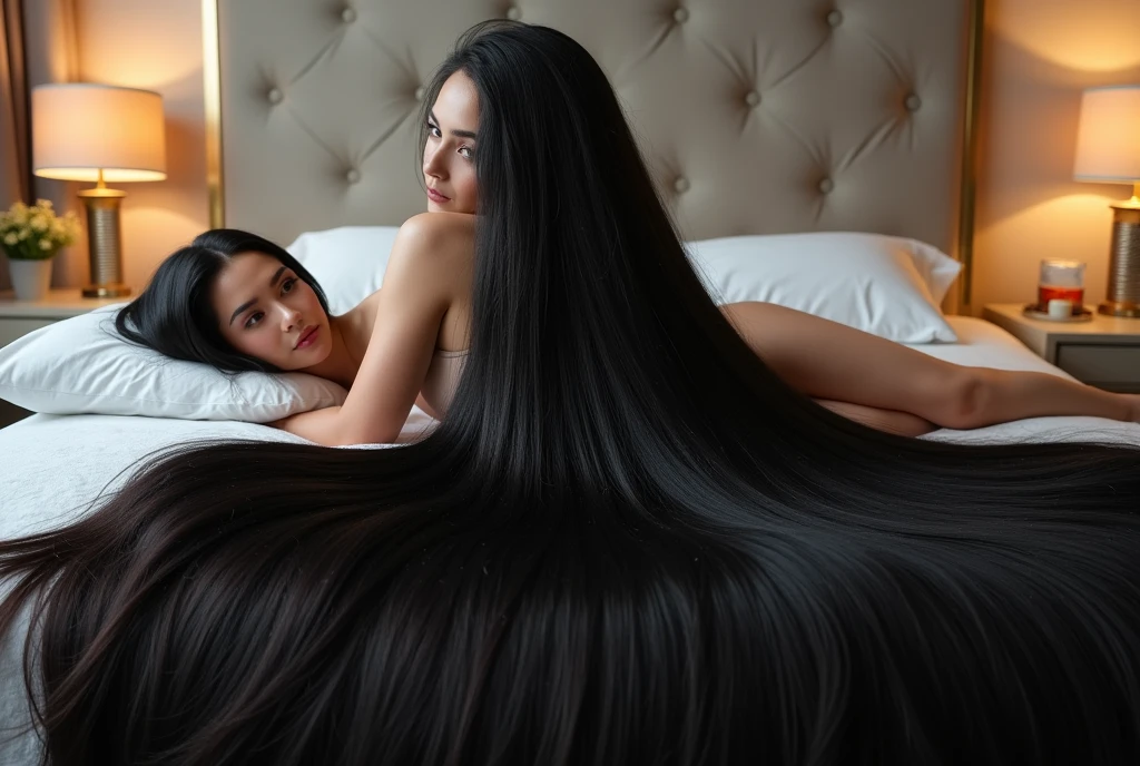 Super Long Hair Contest Winner、Full body photo、Head to toe photos、Taken from about 4 meters away、ultra-realistic、The longest black hair in the world、Hair longer than Rapunzel、She has very long black hair that covers her entire body...、Hair that is shampooed every day is so beautiful、I's hair isバラの香りがして、My very long black hair makes me look sexy.、My charm is my long black hair、Long black hair is a symbol of beauty、I'I am proud of my long black hair、This long hair length and volume is admired around the world.、Her very long black hair is fanned out、Smooth black hair that flows from shoulders to floor、I have a lot of hair、Cover the entire bed with hair、Hide your hands with your long hair、Hide your fingers with your long hair、A storm of black hair about to overflow from the screen、,Full body photo,超Super long hair、naked、the most Beautiful Hair in the world、Lie on your back in bed、Long hair covering her vagina、White underwear or naked、Cover the whole body with straight hair、Very beautiful face、beautifully styled black hair、Very large amounts of hair、Super long hair that accentuates femininity'sexly、Slim figure、Beautiful and shiny hair、Bright lighting、Professional Lighting、Full body photo、Black hair contest winner、the place is a bedroom、My hair is reaching the floor and dragging、Full of black hair、She is leaning on the bed, Show off your long hair.、The bed is full of hair、Long black hair covers the whole body、Super long hair、Best image quality、highest quality、Highest Resolution、Ultra-realistic photos、Full body photo、1 girl、Very beautiful face、 Real Photo、Live-action,((large breast:1.6),((pose looking back over shoulder))