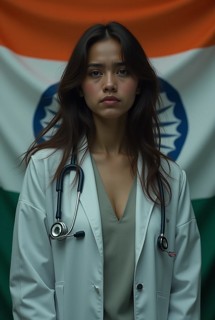 So there is a incident in Kolkata medical college that the medical student got raped and killed brutally. And tomorrow in india's
independent day. I want to represent both in one image like - daughter of india needs justic. With theme of tricolor (inidan flage)
And she was medical student and assaulted so make her attire like that with apron stethoscope and helpless