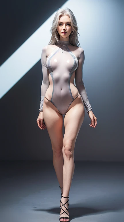 A photorealistic, hyper-resolution image of a woman with long, gray hair, standing confidently. She is wearing a form-fitting, transparent bodysuit, highlighting her slender figure and long legs. Her facial features are flawless and captivating. The scene emphasizes her elegance and grace, with a mix of colors in her clothing, evoking a sense of modern artistry.