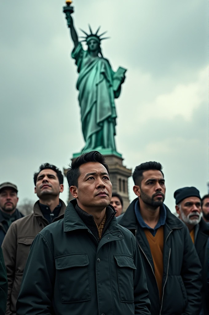 Serious people with the Statue of Liberty in the background