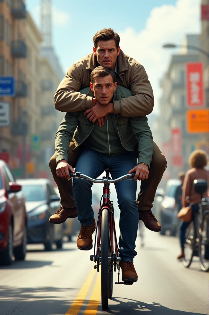 An adult man carrying another adult man on his back while riding a bicycle