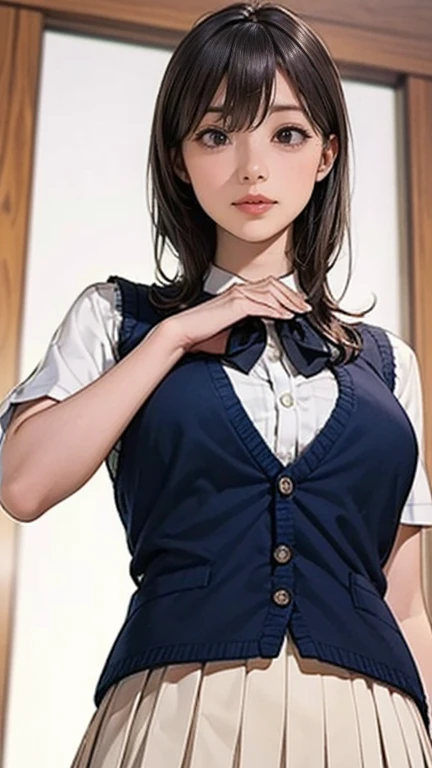 (masterpiece:1.2, highest quality), (realistic, photorealistic:1.4), beautiful illustrations, (natural side lighting, movie lighting), Depth of written boundary, looking at the viewer, (face focus, Upper body), Front view, 1 girl, Japanese, high school girl, , perfect face, Cute symmetrical face, shiny skin, (bob hair:1.7,black hair), asymmetrical bangs, Big eyes, droopy eyes, long eyelashes chest), thin, beautiful hair, beautiful face, fine and beautiful eyes, beautiful clavicle, beautiful body, beautiful breasts, beautiful thighs, beautiful feet, beautiful fingers, ((fine fabric texture, Brown knitted vest, short sleeve white collar shirt, navy pleated skirt, Navy bow tie)), (beautiful scenery), evening, (Inside the flower shop), Are standing, (smile, Upper grade, open your mouth), (from below:1.5),(visibility is low:1.5),