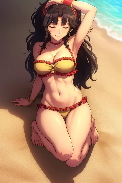 absurdres, high res, ultrasharp, 8K, {masterpiece}, expressive eyes, extremely detailed, best quality, perfect face, 1 girl, solo, brown eyes, beach, black bikini, light smile, fairy tail tattoo, spread legs,
