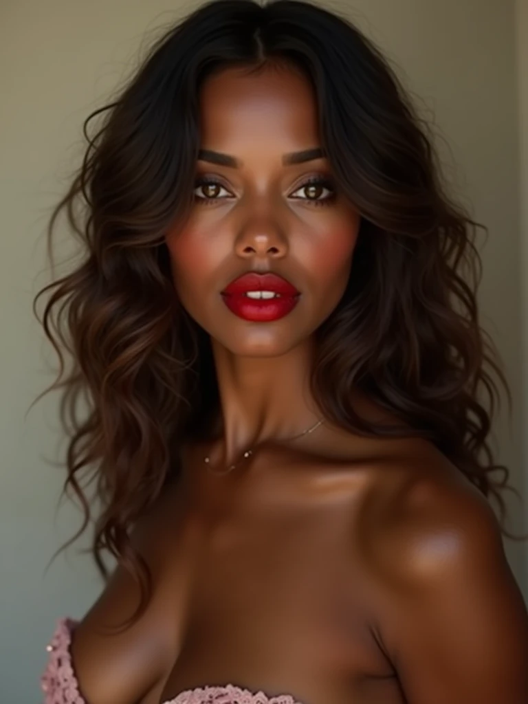 A breathtakingly heavenly beautiful black Brazilian beauty graces, She is naked with big perfect . Full body shot in front view. Her sun-kissed skin, captivating honey eyes, and flowing brown hair immediately catch the eye. The portrait seems to be a high-resolution photograph, capturing every detail flawlessly. Her red lips are full and alluring, exuding a erotic charm. The overall quality of the image is outstanding, showcasing the model's natural allure in stunning detail.