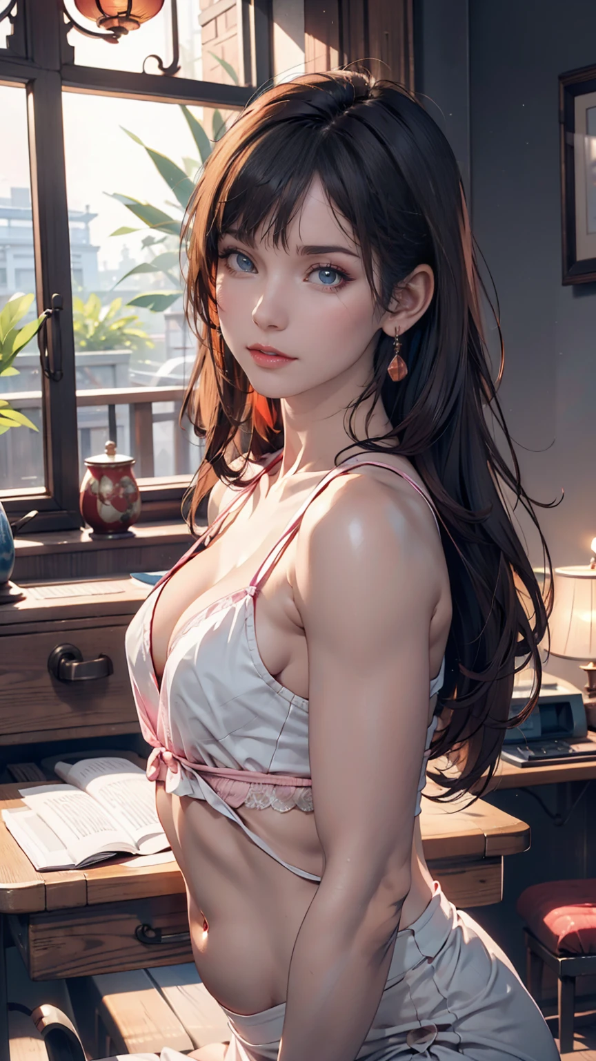 A lovely and sweet Chinese woman, Delicate and sexy collarbone, Attractive goose face, double eyelid, Clever pink eyes, Pink Lips, small, upturned nose, Exposing shoulders, Plump butt, Beautiful long legs, Concentrated face, Face close-up, Ultra HD, Super Detail, Full body photo, Ultra-thin, optimal light transmission ratio, 4 fingers and 1 thumb
