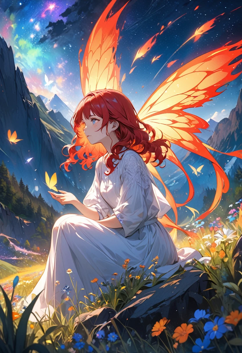 A captivating, cinematic painting of a young girl with long, curly red hair sitting on rocky terrain amidst a majestic mountainous backdrop. Her gaze is fixed on a massive, surreal erfly with glowing, fiery wings soaring against the starry night sky. The vibrant colors and intricate detail of her face convey a sense of wonder and awe. Surrounded by wildflowers and grasses, she is immersed in the beauty of nature, creating a vivid and unforgettable scene., painting, cinematic, vibrant