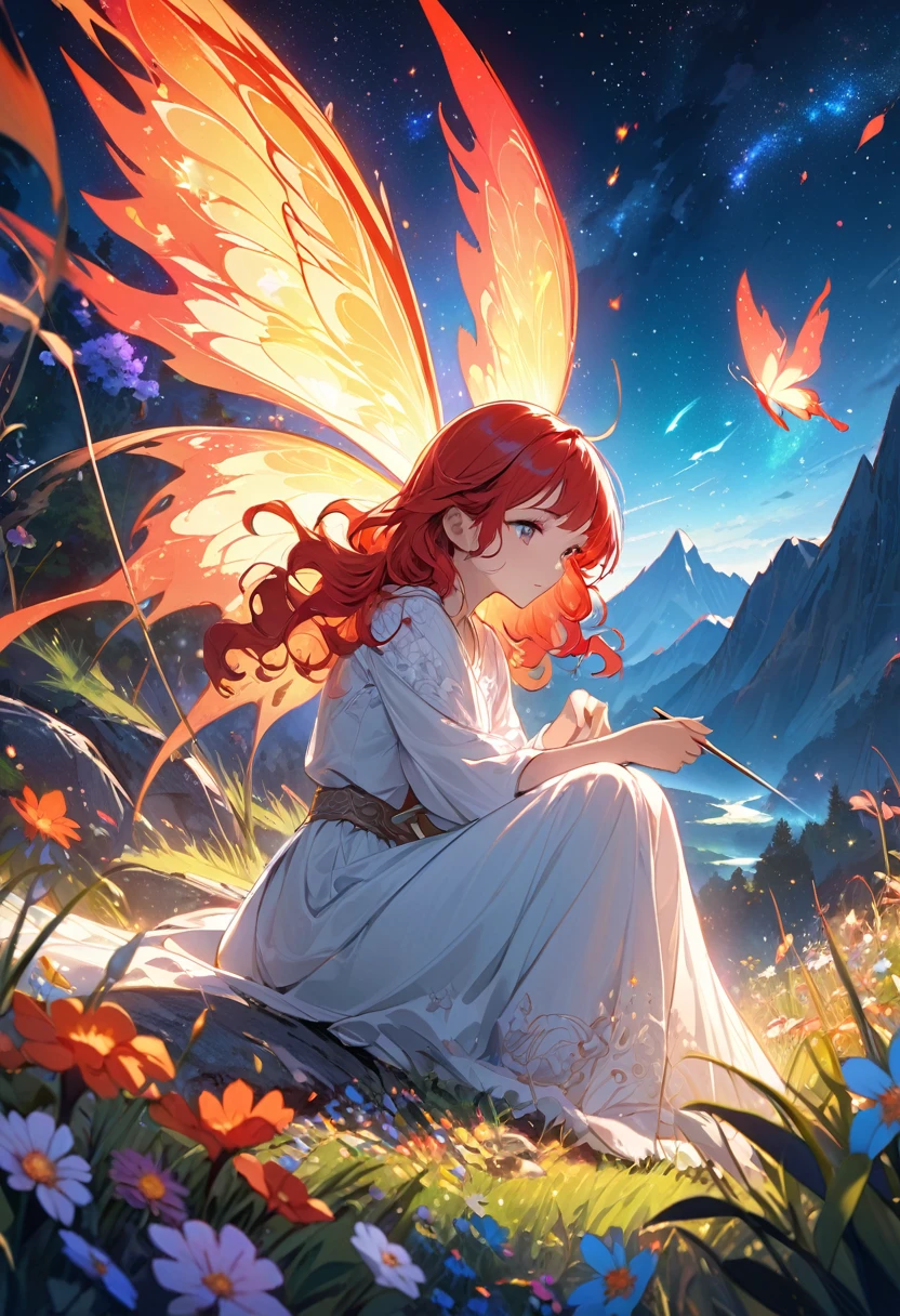 A captivating, cinematic painting of a young girl with long, curly red hair sitting on rocky terrain amidst a majestic mountainous backdrop. Her gaze is fixed on a massive, surreal butterfly with glowing, fiery wings soaring against the starry night sky. The vibrant colors and intricate detail of her face convey a sense of wonder and awe. Surrounded by wildflowers and grasses, she is immersed in the beauty of nature, creating a vivid and unforgettable scene., painting, cinematic, vibrant