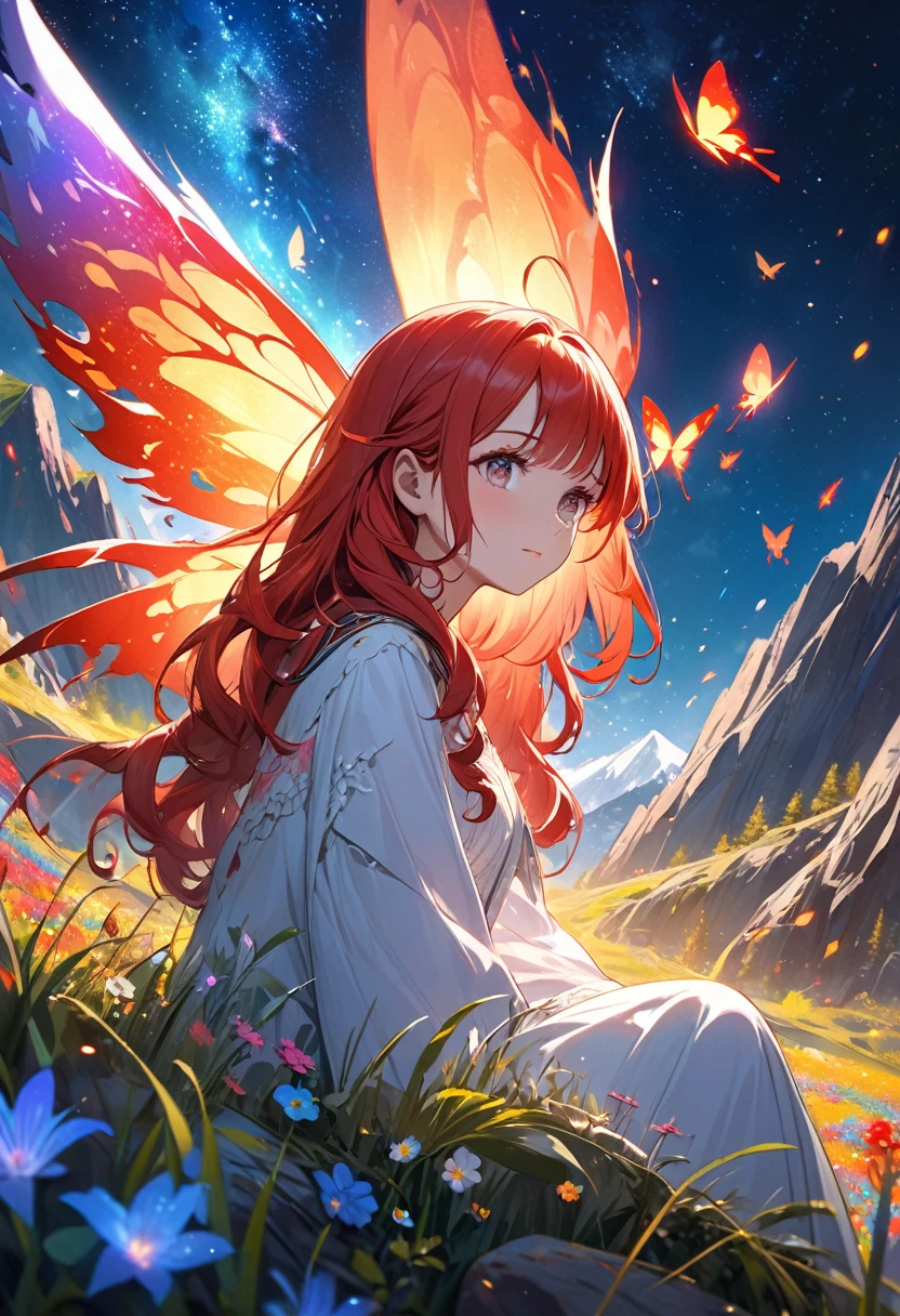 A captivating, cinematic painting of a young girl with long, curly red hair sitting on rocky terrain amidst a majestic mountainous backdrop. Her gaze is fixed on a massive, surreal butterfly with glowing, fiery wings soaring against the starry night sky. The vibrant colors and intricate detail of her face convey a sense of wonder and awe. Surrounded by wildflowers and grasses, she is immersed in the beauty of nature, creating a vivid and unforgettable scene., painting, cinematic, vibrant