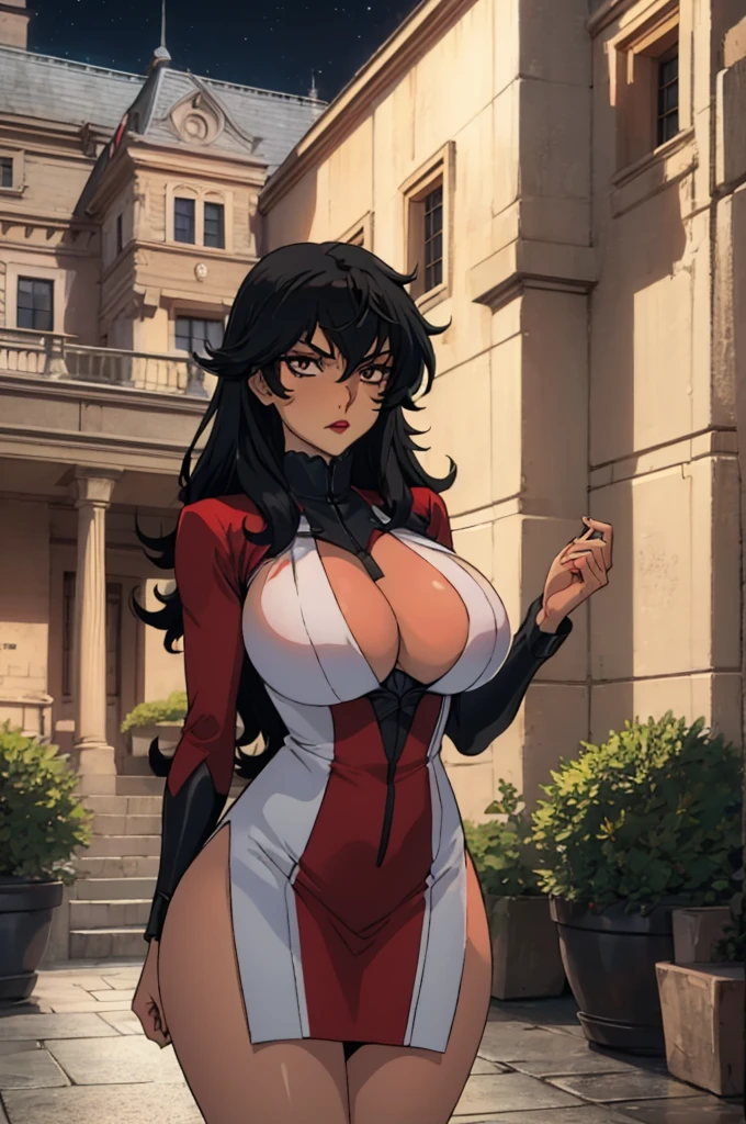 best quality, ultra-detailed, best illustration, masterpiece, high res (1girl:1.3), (large breast:1.5), closed mouth, (21 years old), ((1girl)), ((((solo))), (((alone))), (((genderbend))), (((female))), wide hips, thick thighs, narrow waist, ((red dress)), ((in a beautiful mansion)), ((anime artstyle)), long eyelashes, ((long black hair)), (((at night))), (red lipstick), (black eyeshadow), (in the dark)