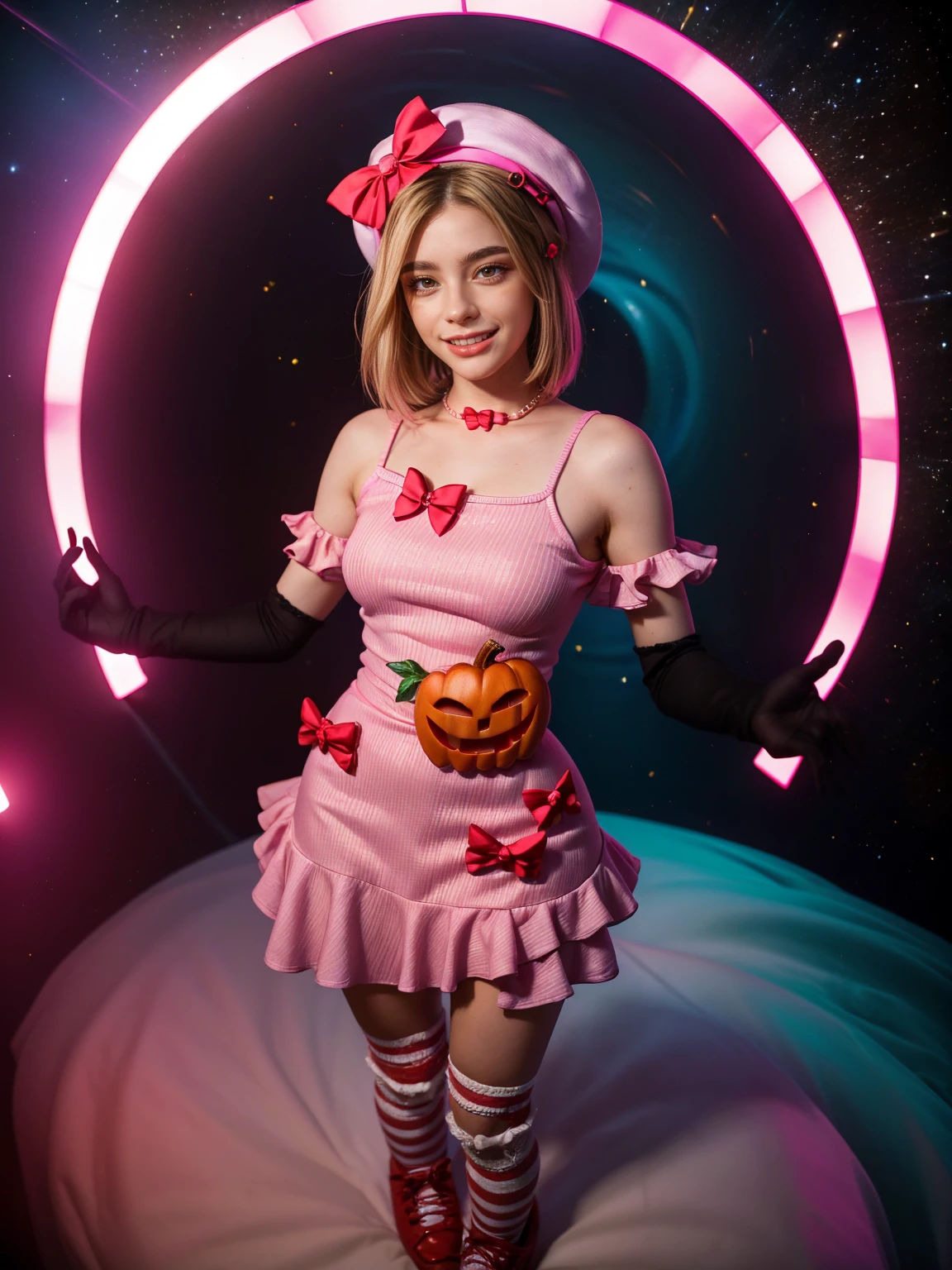 (1 lady), The beautiful, (Best quality at best:1.4), (ultra - detailed), (extremely detailed CG unified 16k), gold blonde hair, very detailed, High-definition RAW color photo, professional photoshooting, amazing face and eyes, cosmetics, (amazingly beautiful girl), ((lambdadelta, taller, tall woman, NOT Dasha Taran)), ((dress, shoes bow, red shoes, striped stockings, red bow, pink hat, necklace, gloves, pearl, pumpkin brooch, pink dress)), levitating in a cute posture (floating in the air), (She's levitating in a cosmic sea, outer space:1.3, quantum hyperspace room lacking walls, hyperspace chamber, extremely detailed background, a lot of details background, realistic background), (look from above), realistic cinematic face, head to feet long wide zoomed out view, full body long view, photorealistic, ((realistic natural blonde hair style, red eyes)), gorgeous, extremely beautiful face, perfect model beauty, amazingly beautiful smile, her smile is emotive and full of joy, her teeth are visible, Highly Detailed Face and Skin Texture, Detailed Eyes, Double Eyelids, Big Breasts, Persistent Stare, Faith Trance, (mystical stare, looking eternity), (masterpiece), best quality, high resolution, depth of field, cinematic lighting, amazing legs, pink combat boots, clear and well-cared skin