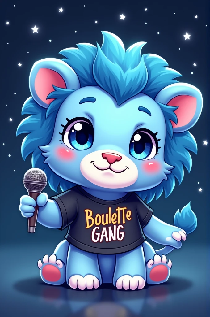 Chibi lion bleu mignon avec un micro de chanteur vêtu d'un tee-shirt "Boulette Gang". fond avec des étoiles.