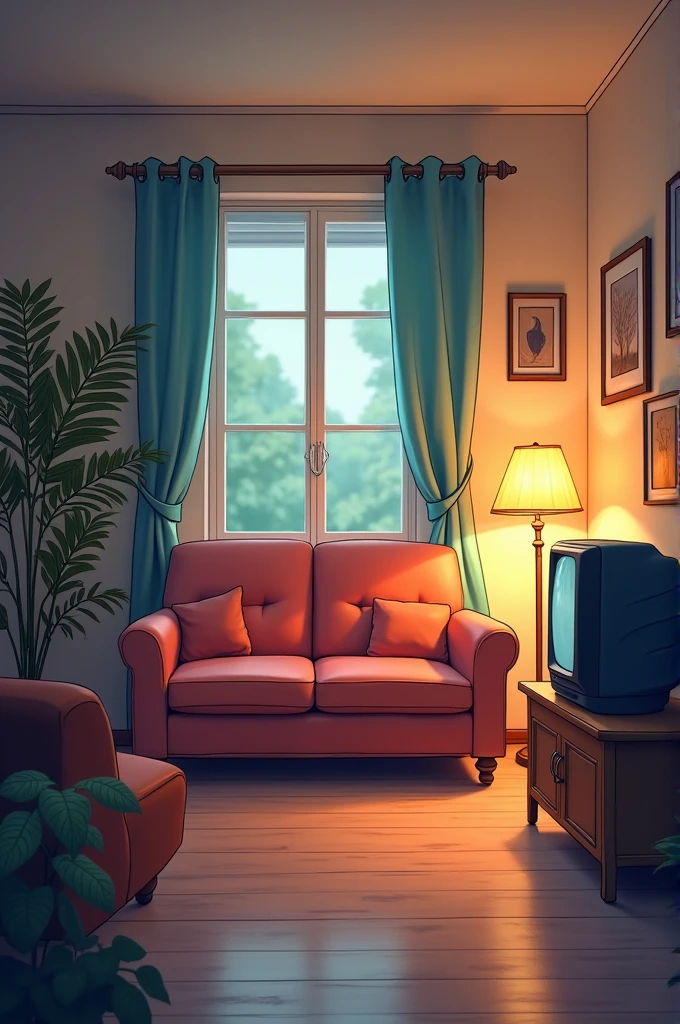 "A sofa is placed in his house, and in front of it, there is a TV kept on the table."