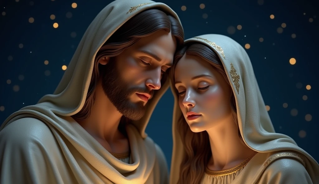 Jesus Christ and Mary, high qualiy, 真实感, Well done face, against a backdrop of stars