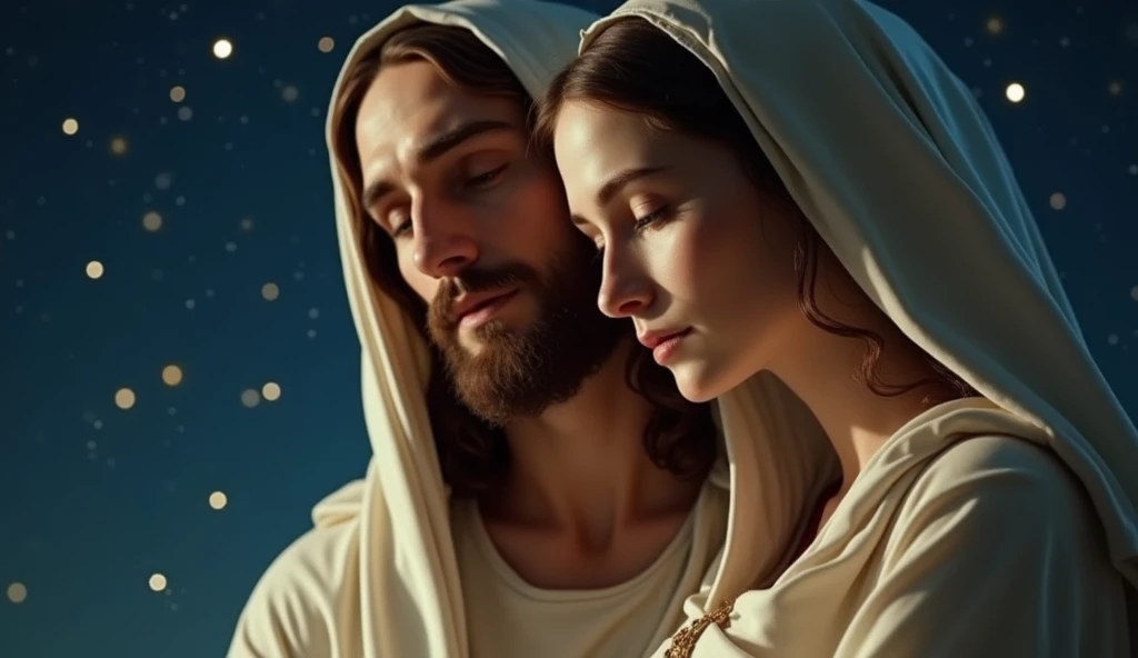 Jesus Christ and Mary, high qualiy, 真实感, Well done face, against a backdrop of stars