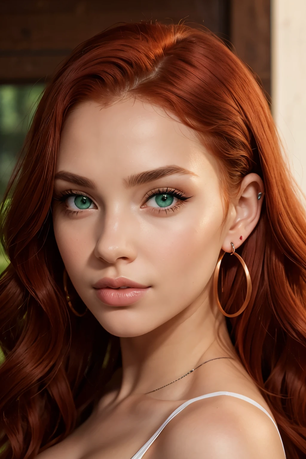 The face of a young woman, green eyes, red curls, nose piercing, ear rings, full lips, index finger in front of the lips, sexy Blick, detailed face, realistic, datailed lips