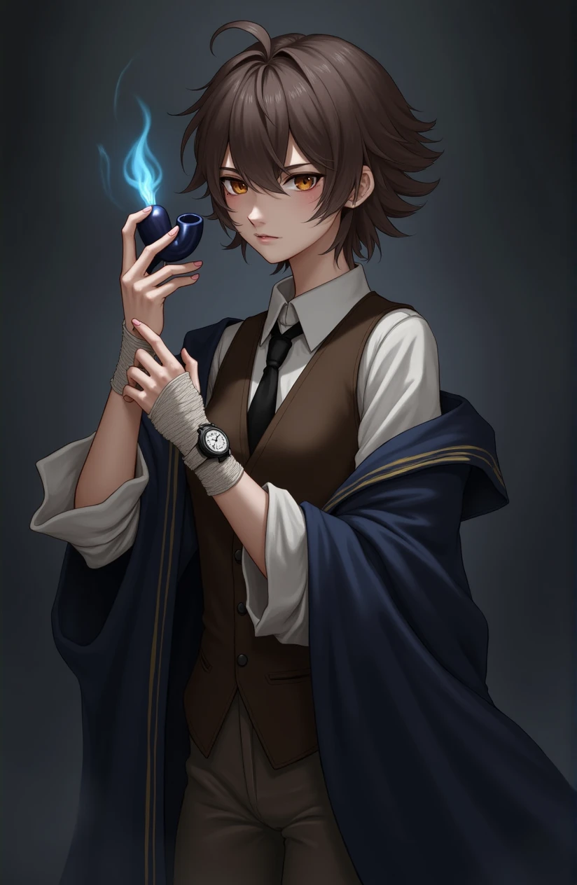 1 tomboy, solo, amber eyes, short brown hair, brown vest, (whit shirt:1.1), black tie, (blue robe with gold trim along the edge:1.2),1 dark blue smoking pipe with blue flame in left hand, gloomy face, bandaged left hand, watch on left hand,open mouth